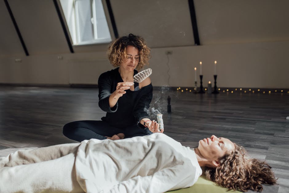 A serene meditation session indoors with incense, focusing on relaxation and wellness.